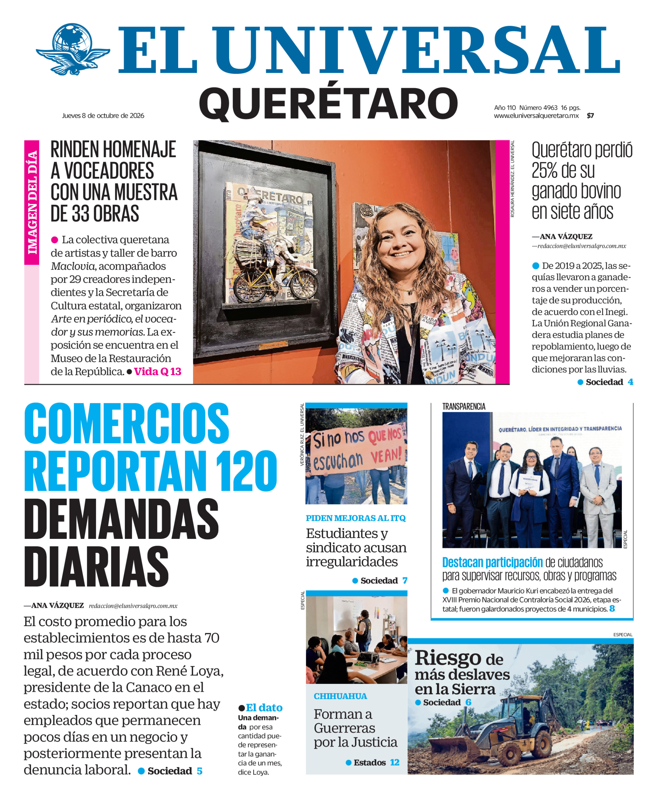 Portada del periódico Querétaro correspondiente al 8 de octubre de 2026.