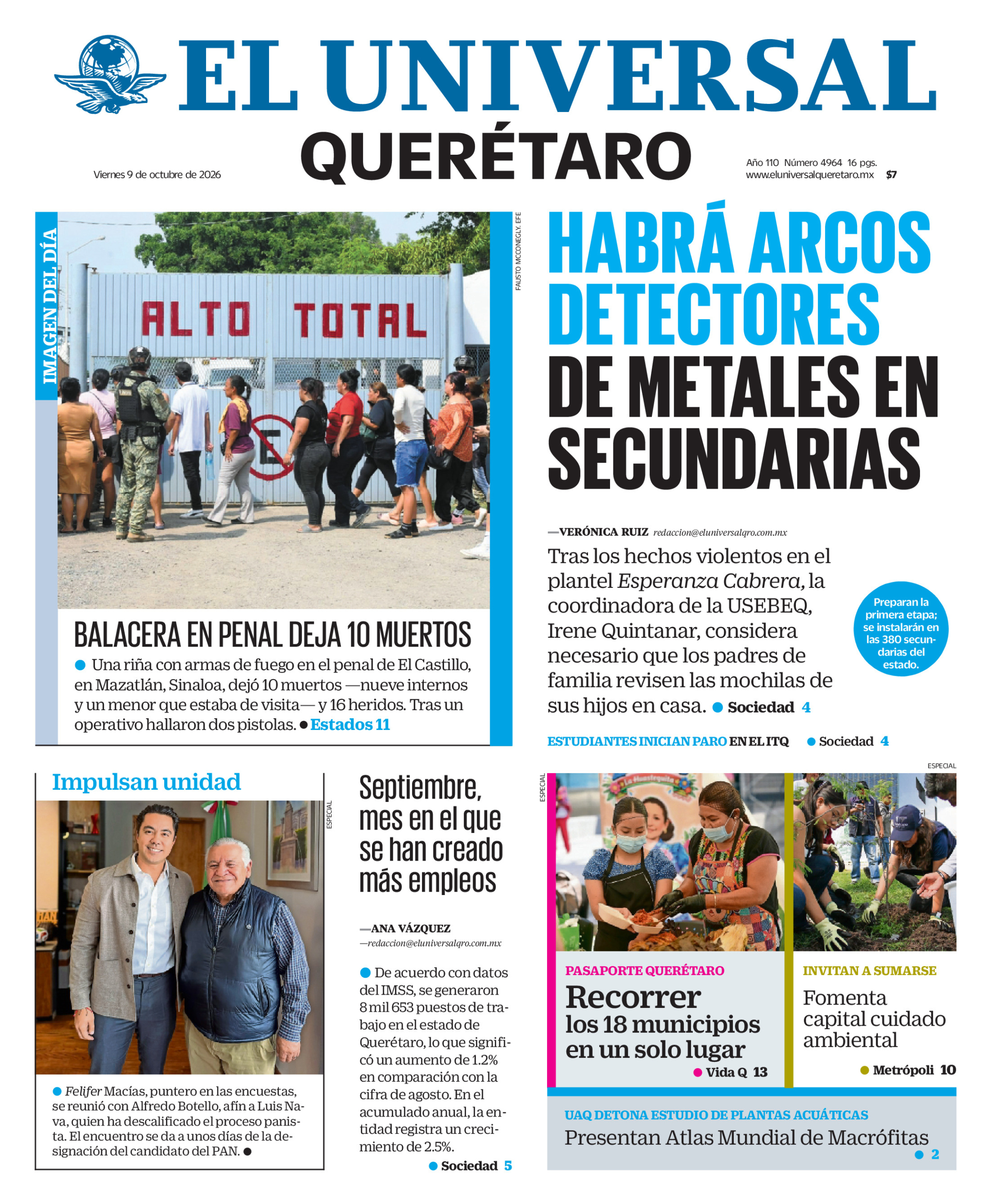 Portada del periódico Querétaro correspondiente al 9 de octubre de 2026.