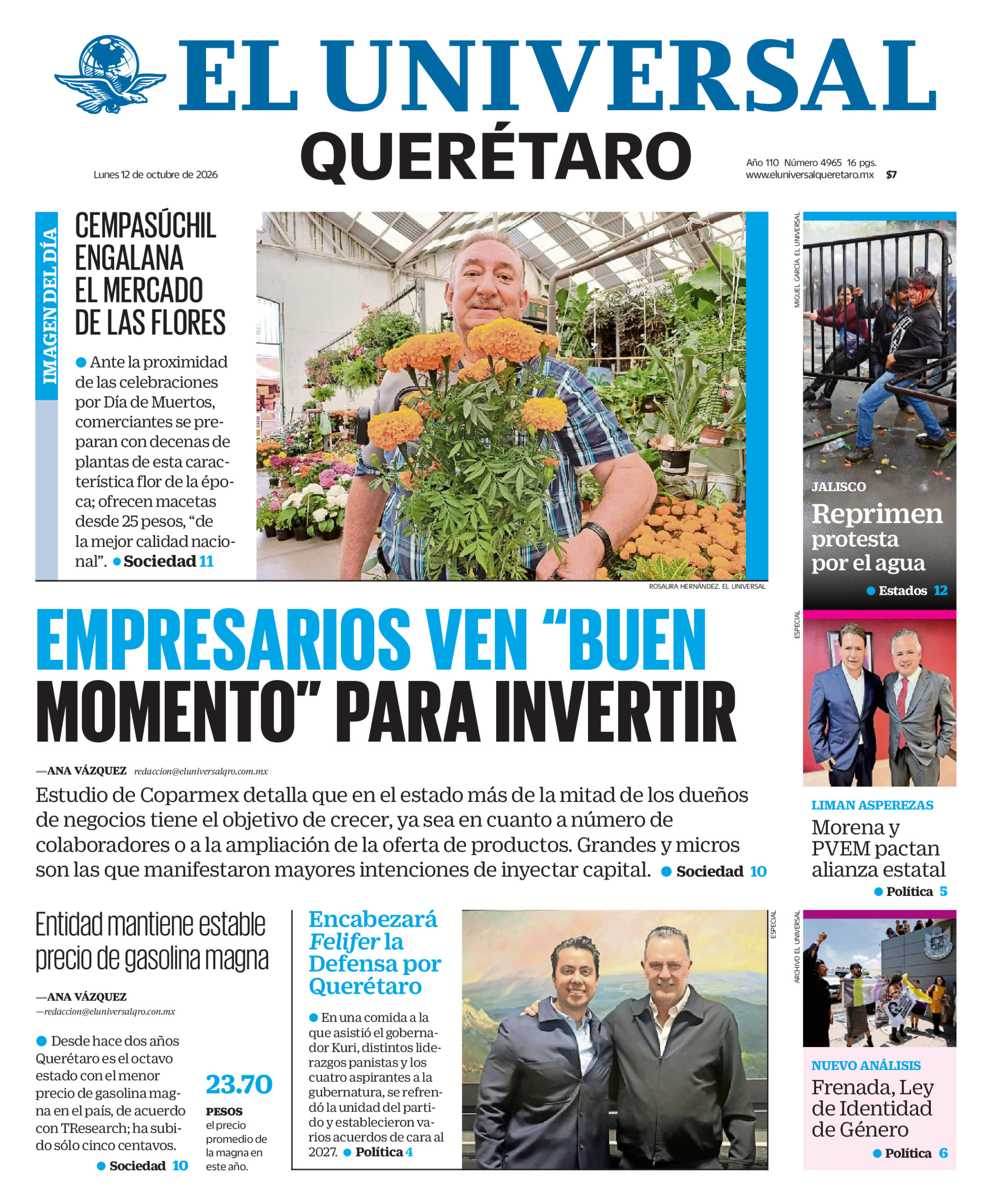 Portada del periódico Querétaro correspondiente al 12 de octubre de 2026.