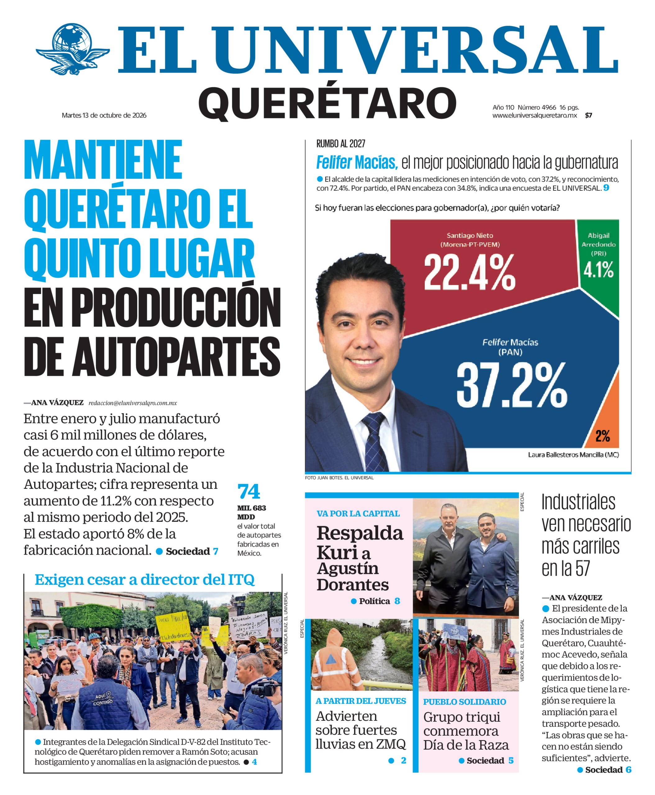 Portada del periódico Querétaro correspondiente al 13 de octubre de 2026.