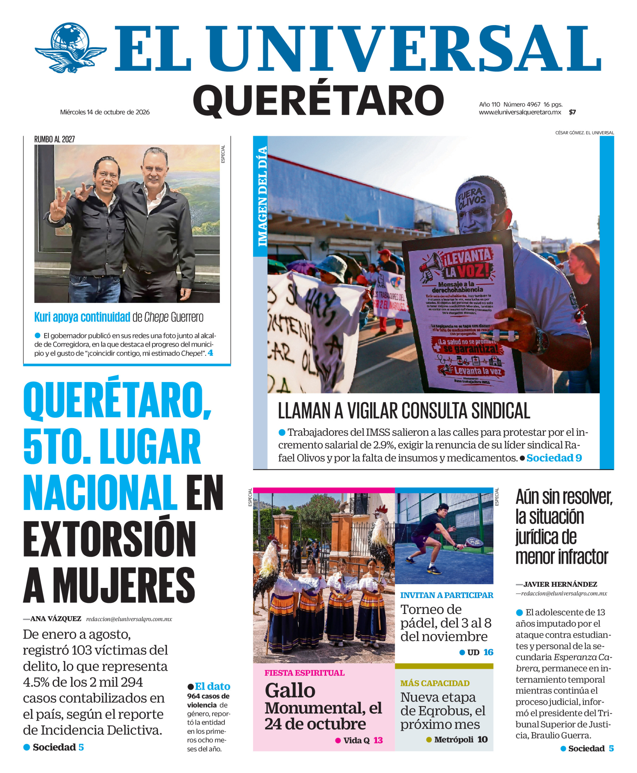 Portada del periódico Querétaro correspondiente al 14 de octubre de 2026.