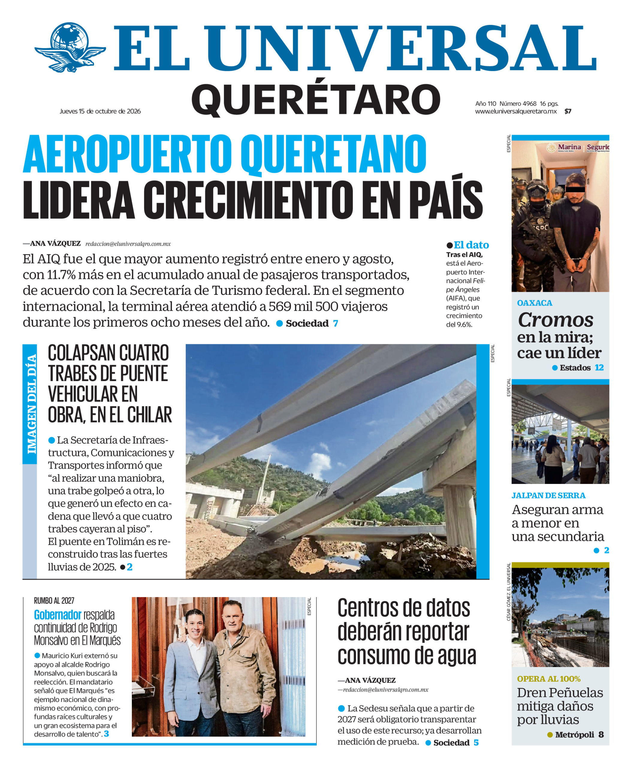 Portada del periódico Querétaro correspondiente al 15 de octubre de 2026.