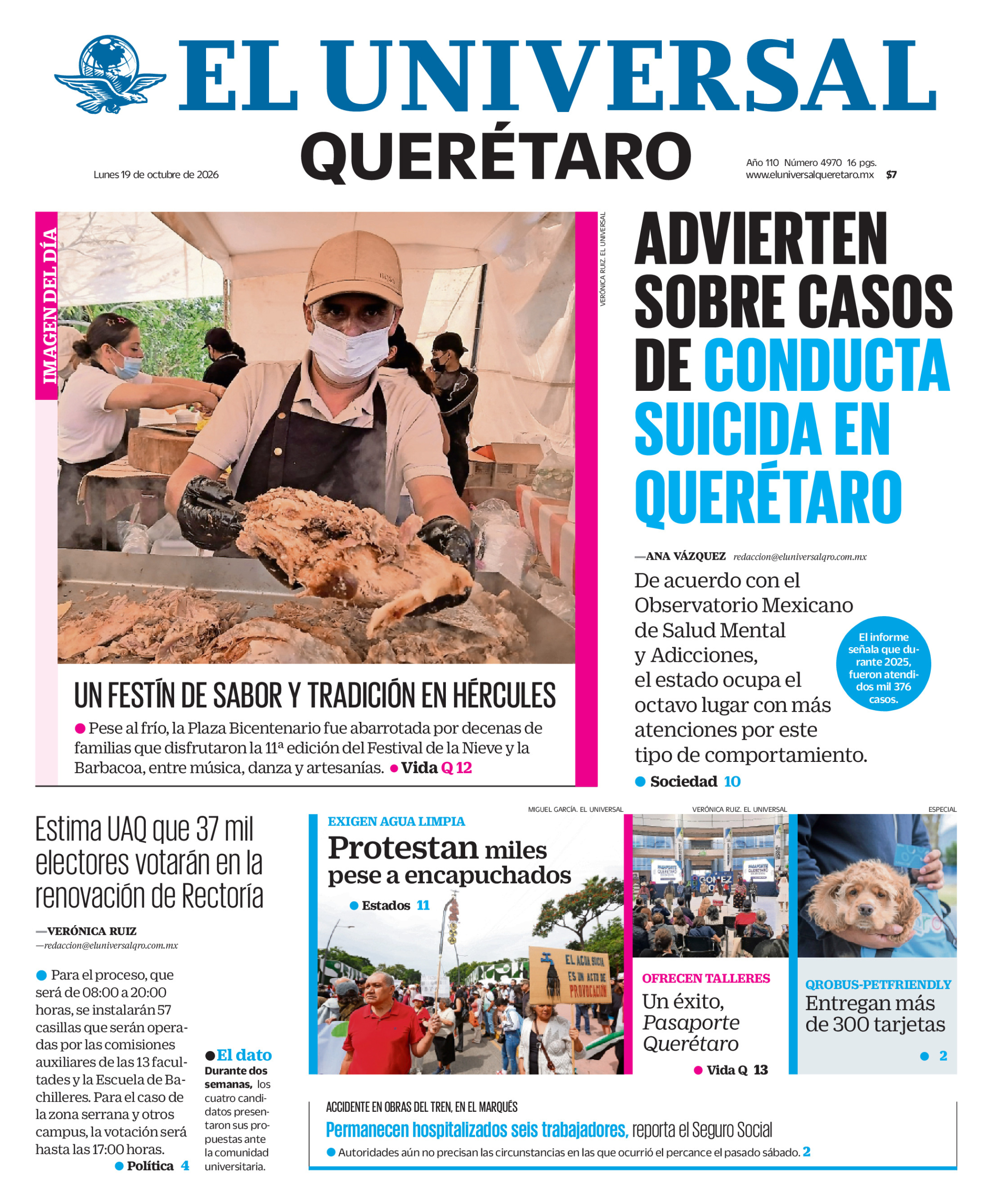Portada del periódico Querétaro correspondiente al 19 de octubre de 2026.