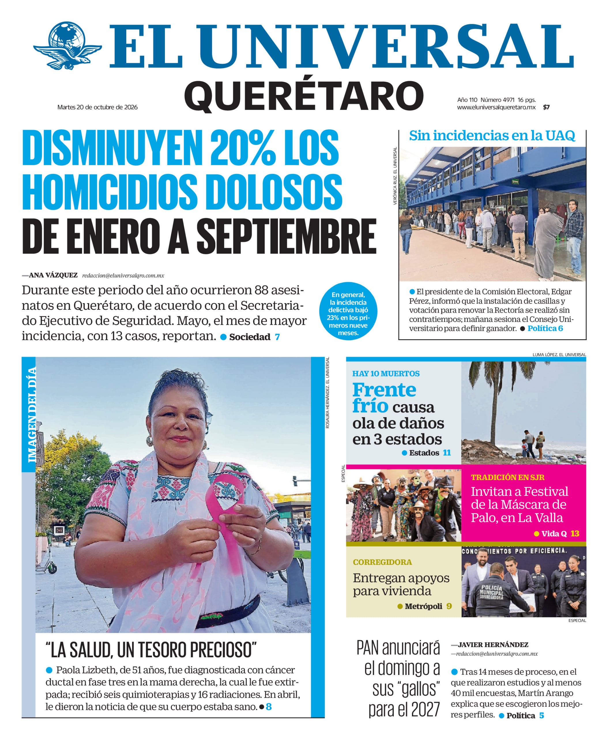 Portada del periódico Querétaro correspondiente al 20 de octubre de 2026.