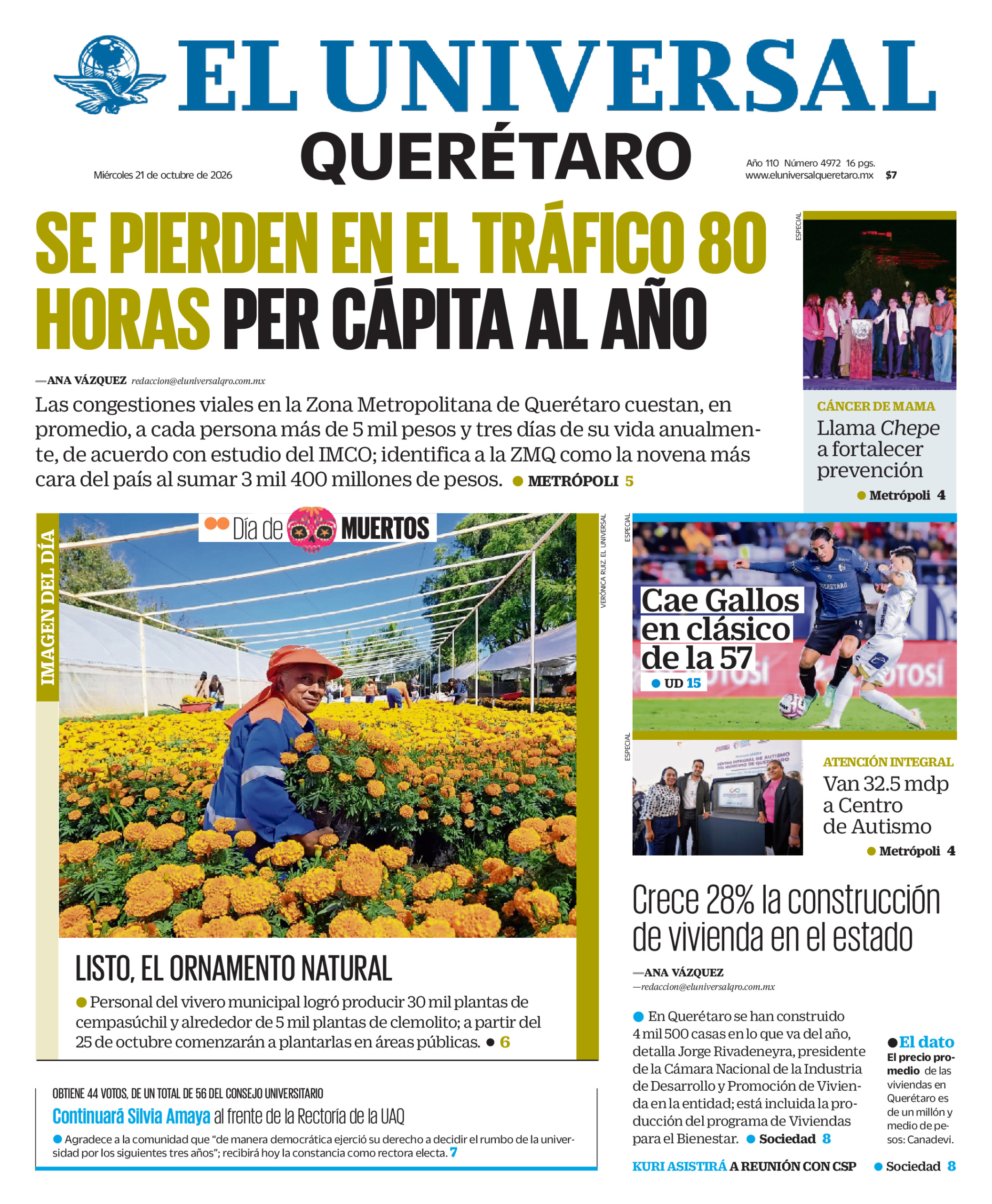 Portada del periódico Querétaro correspondiente al 21 de octubre de 2026.