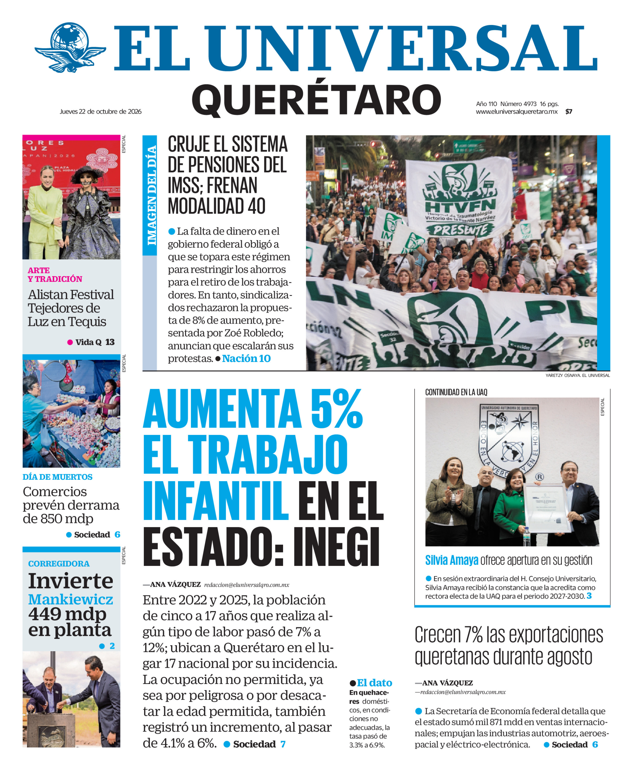 Portada del periódico Querétaro correspondiente al 22 de octubre de 2026.