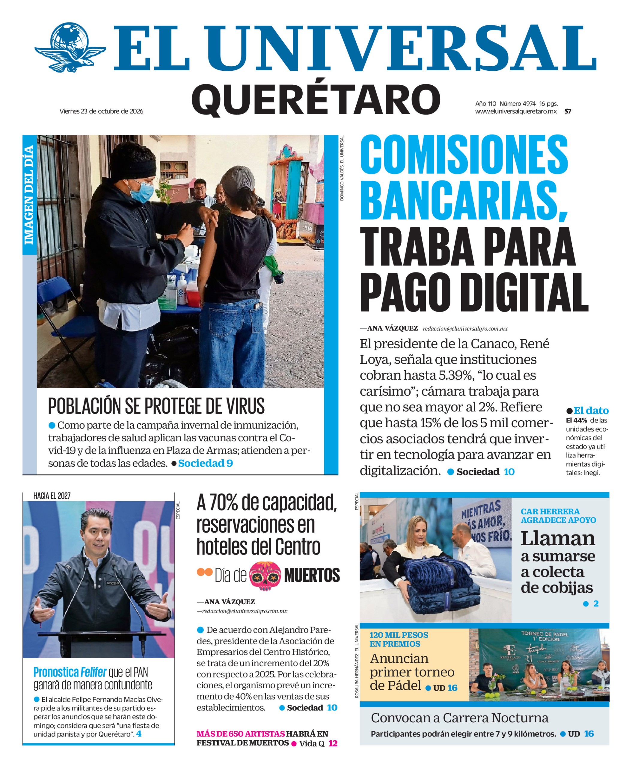 Portada del periódico Querétaro correspondiente al 23 de octubre de 2026.